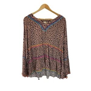 Savanna Jane Top Womens 2X Embroidered Boho Blouse Cheetah Print Tiered Bell slv